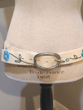 Free People Hand-Painted Cream Floral Leather Belt with Silver Buckle